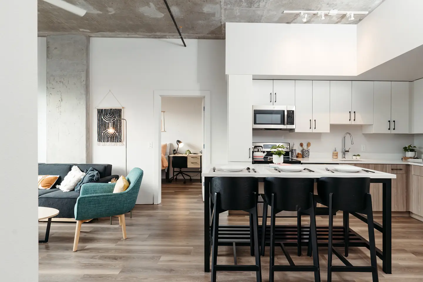 furnished apartment kitchen and living room