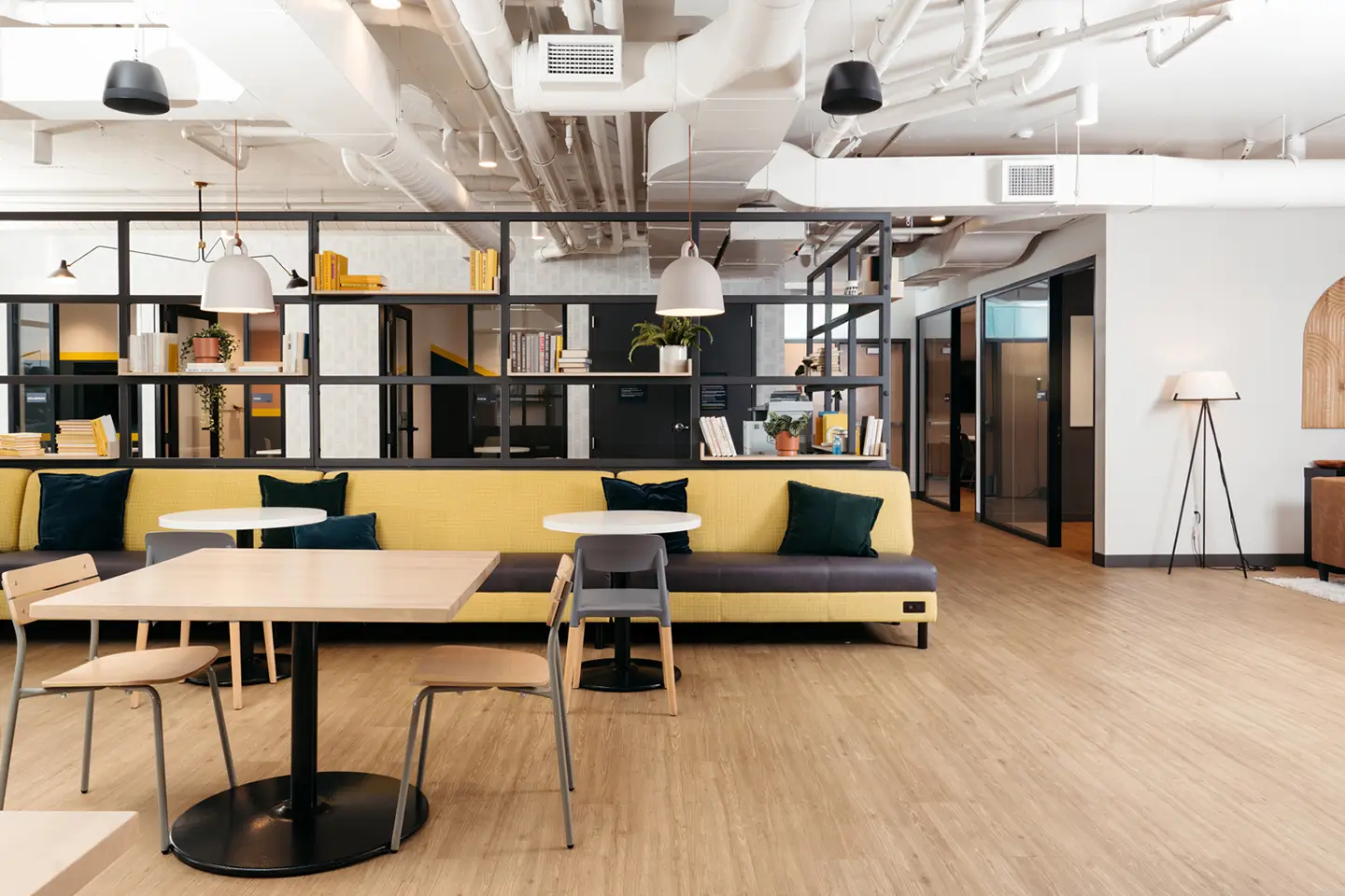 resident lounge with energy-efficient lighting fixtures